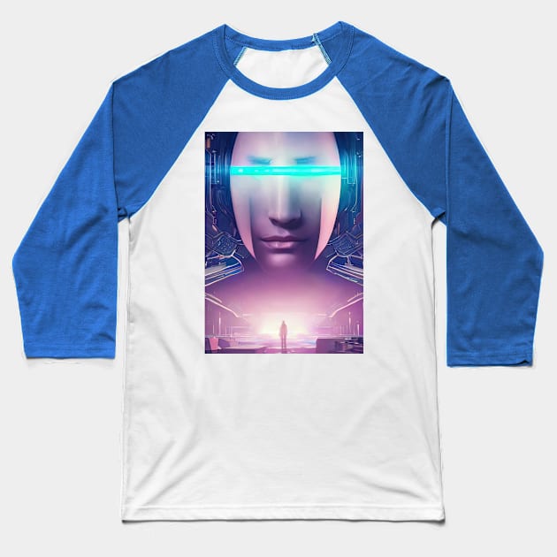 Girl face in futuristic cyberpunk style in neon colors Baseball T-Shirt by Alekxemko